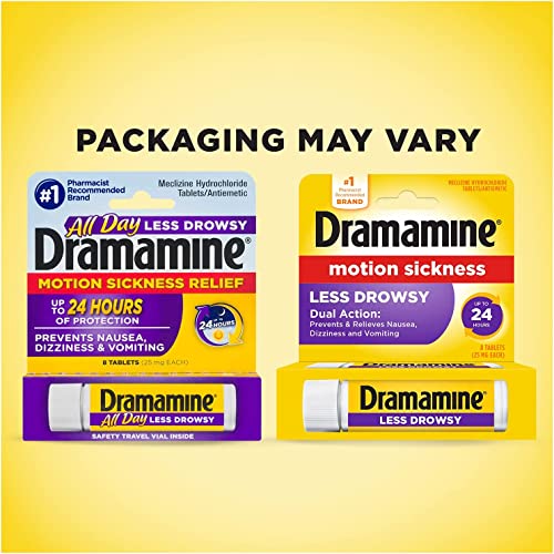 image for Dramamine All Day Less Drowsy Motion Sickness Relief | 8 Tablets Inclu