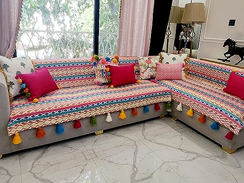 Image of WWW.THROWPILLOW.IN Rainbow Aztech Tassel Sofa Cover:Stylish Couch Slipcover Corner Sofa Cover,Desginer Premium Sofa Covers: Fits 2+2 Seater+Corner Sofa -Set of 5 Covers- 3 Seat & 2 Back Cover