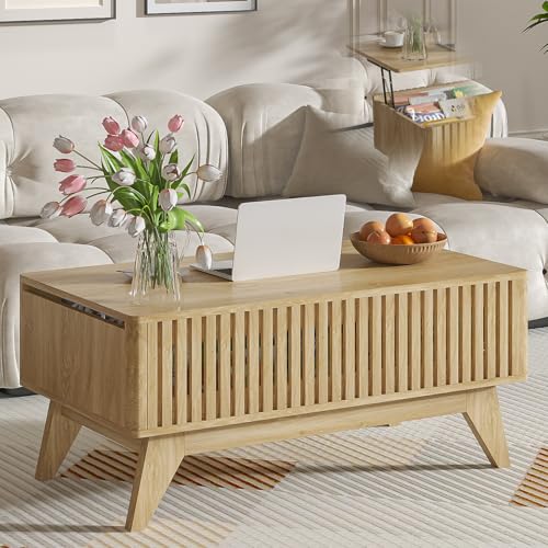 Lift Top Coffee Table with Hidden Compartment, Mid Century Modern Coffee Table for Living Room, Fluted Design Farmhouse Center Table with Storage (Wood, 35.4" W) -  Oubayajia, DFJ323