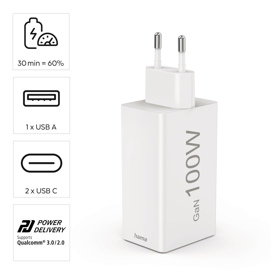 Hama | Cargador rápido de Pared Universal. (Tecnología GAN 100w, 2X USB c Power Delivery, 1x USB a Quick Charge, Carga simultánea 3 Dispositivos) Blanco.