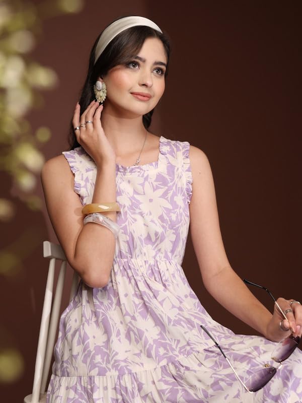 Image of Daevish New Rayon Floral Printed Flared Midi Dress for Women | Women Calf Length Dress