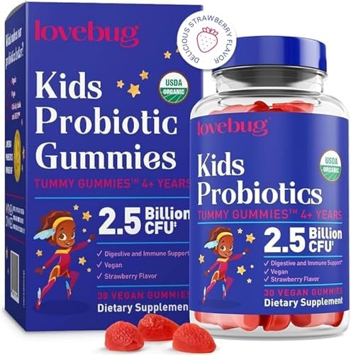 LOVEBUG Kids Probiotic Gummies – Toddler Immunity Support & Constipation Relief – USDA Organic Probiotics for Childrens Gut & Digestive Health (Age 4+) – 30 Strawberry Flavoured Vegan Gummies