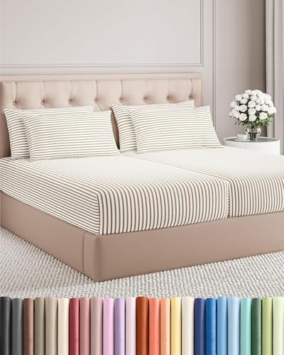 Image of Split King 7 Piece Bed Sheet Set - Breathable & Cooling - Beige Stripes | Ultra-Soft Hotel Luxury Bedding Set w / 8-16 Inch Deep Pockets, 1 Flat & 2 Fitted Sheet & 4 Pillowcases, Wrinkle & Fade Free