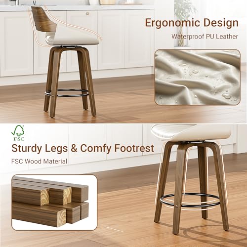 Image of YaFiti Bar Stools Set of 4, 26 inch Swivel Counter Height Barstools with Bentwood Back and Legs, Mid Century Modern Upholstered Faux Leather Counter Stools for Kitchen Island, Dining Room, Cream White