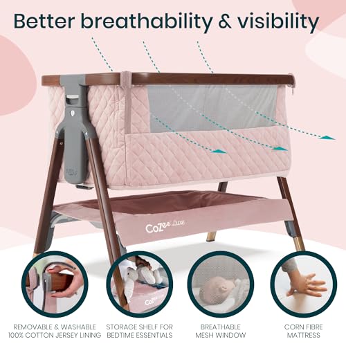 Image of Tutti Bambini CoZee Luxe Bedside Bassinet & Sleeper, Walnut /Blush | Portable Crib, Adjustable Crib for Newborns, Travel Case Included, 0-6 Months, Baby Essentials