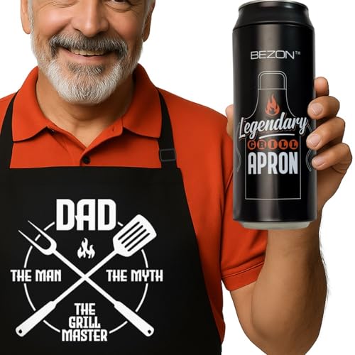BEZON Funny Grill Apron for Men – Beer Can Style Packaging – Heavy-Duty Water-Resistant Cotton Canvas – Dad - The Man, The Myth, The Grill Master