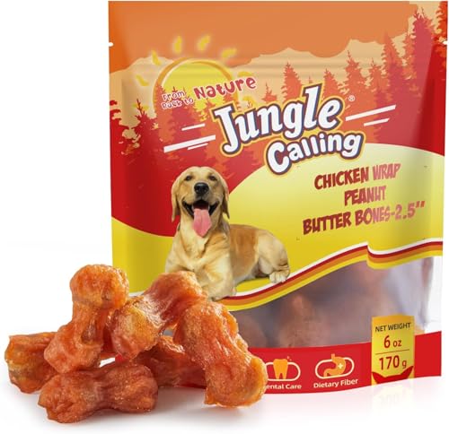 Image of Jungle Calling Chicken Wrap Peanut Butter Bones, Rawhide-Free, 2.5 Inch | Easily Digestible Dog Treats, Teeth-Cleaning Chewy Training Rewards, Suitable for Small & Medium Breeds, 6 oz