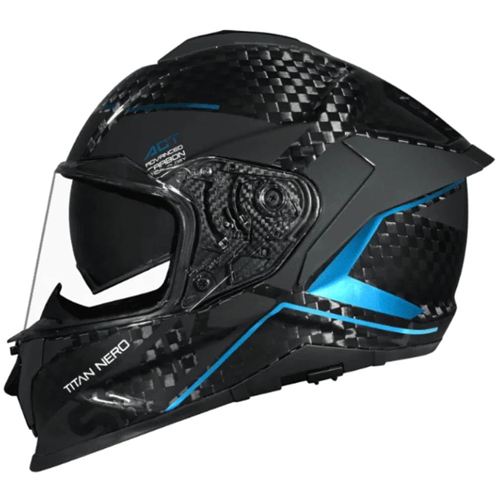 SMK Titan Carbon Nero Azul Cromado - Casco de Moto Integral en Fibra de Carbono con Visor Solar Interior - Unisex Helmets Hombre y Mujer, Homologado 22.06