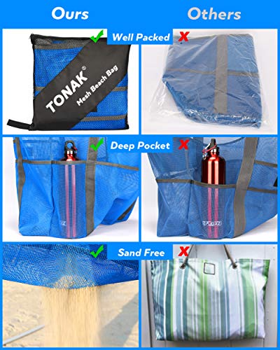 Mesh Beach Bag Tote Bag Grocery Storage Bag Oversized Big XL with Pockets Big Large Foldable Lightweight for Family Pool Blue Color