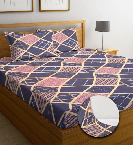 Image of NEW LEAF Premium Cotton Elastic Fitted Bedsheets with 2 King Size Pillow Covers | Double Bed with All Around Elastic 180 TC Supersoft | Size - 72 King Sizex78+10 inches | Navy Pink Mosaic