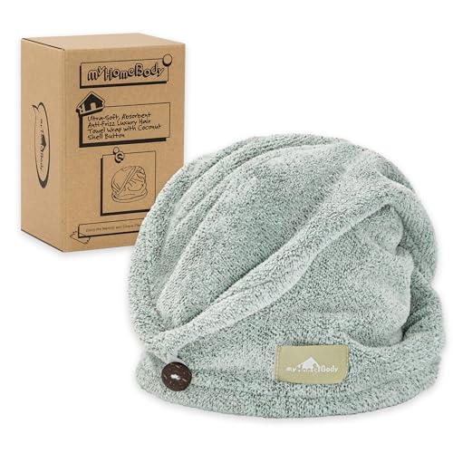 Myhomebody Toallero De Pelo Lujoso Turbante De Secado Rápido Fibra De Bambú Absorbente Ultra Suave Y De Secado Rápido, Con Botón De Concha De Coco Pine Green