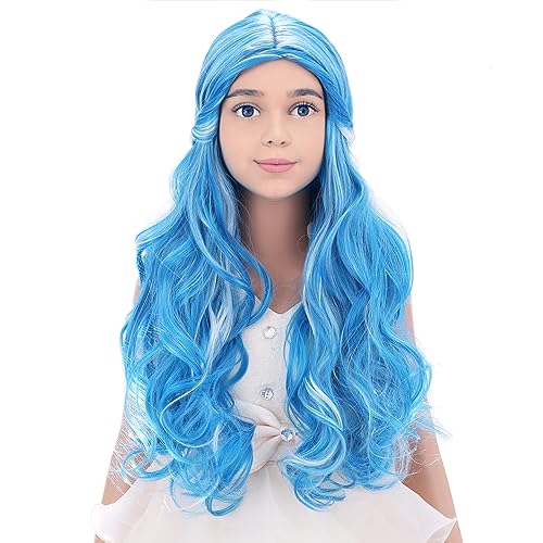 Image of PATTNIUM Kids Blue Wig Long Wavy Child Wig Light Blue Wig for Kids Heat Resistant Synthetic Hair Cosplay Costume Girls Wig (Mixed Blue)