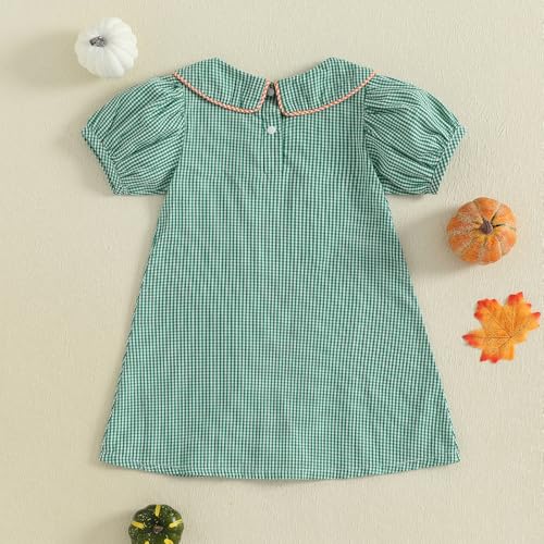 Toddler Girl Halloween Outfit Short Puff Sleeve Peter Pan Collar Pumpkin Embroidery Plaid Dress Kids Fall Photoshoot Clothes4