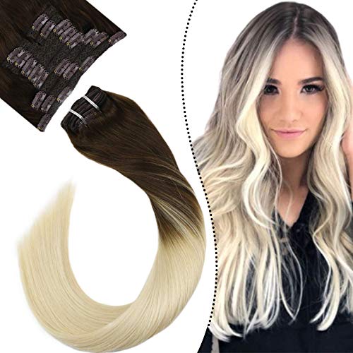 Clip in Hair Extensions 20inch Balayage Clip in Hair Ombre Hair Extensions Clip in Human Hair Balayage Color Darkest Brown to Bleach Blonde Clip Hair Extensions 10PCS 120G Natural Human Hair