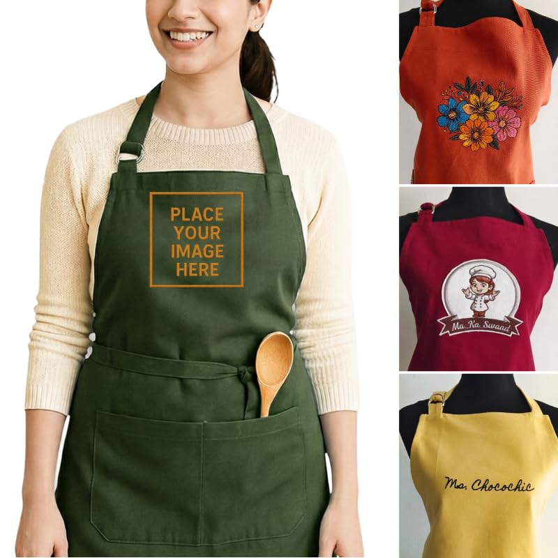 Image of Personalized Custom Apron - 100% Cotton, Adjustable Neck strap, Large Pocket - Unisex Apron for Men & Women - Cooking, Baking, BBQ, Customizable