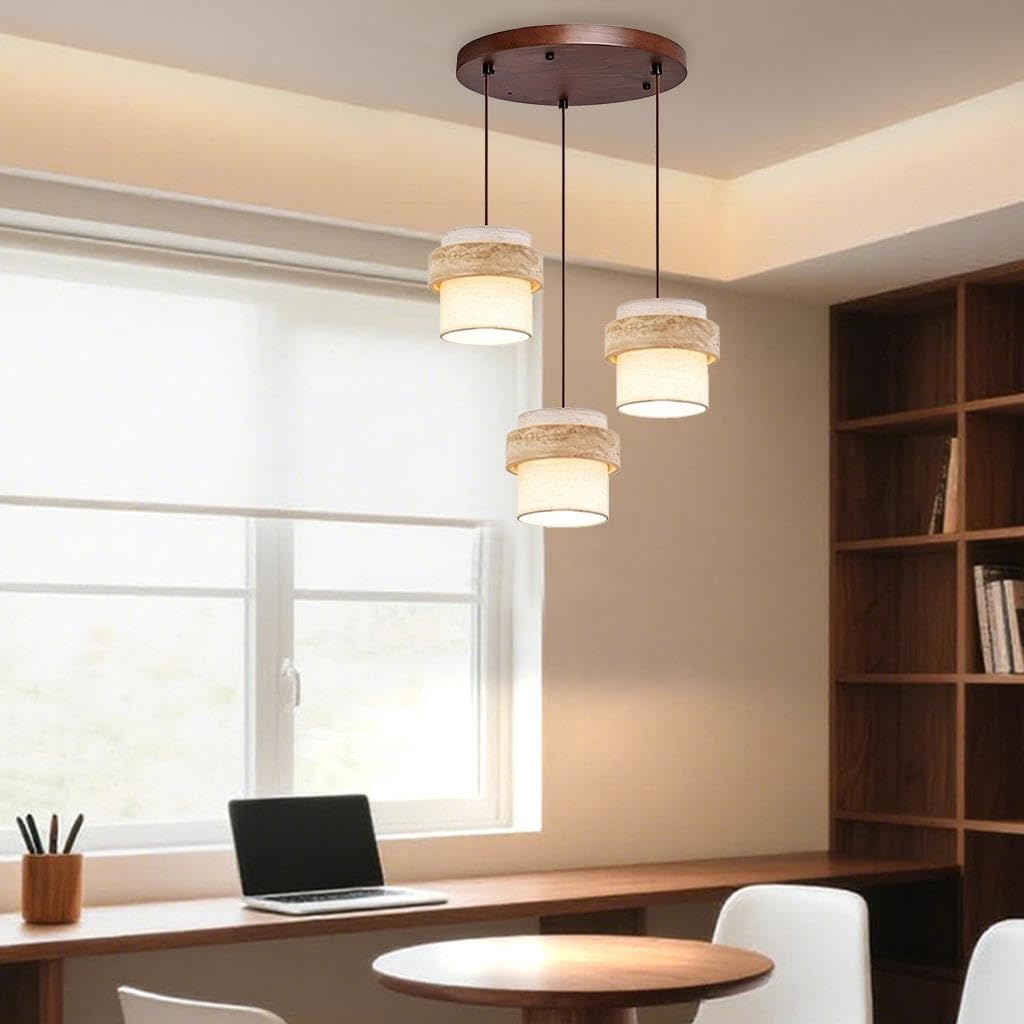 Lampada a Sospensione Base E27 Stile Wabi Sabi Travertino Giallo Lampadario Tessuto Intrecciato and Legno Regolabile Altezza Plafoniera for Sala Cucina Soggiorno Caffè Hall illuminazion(B 3heads)