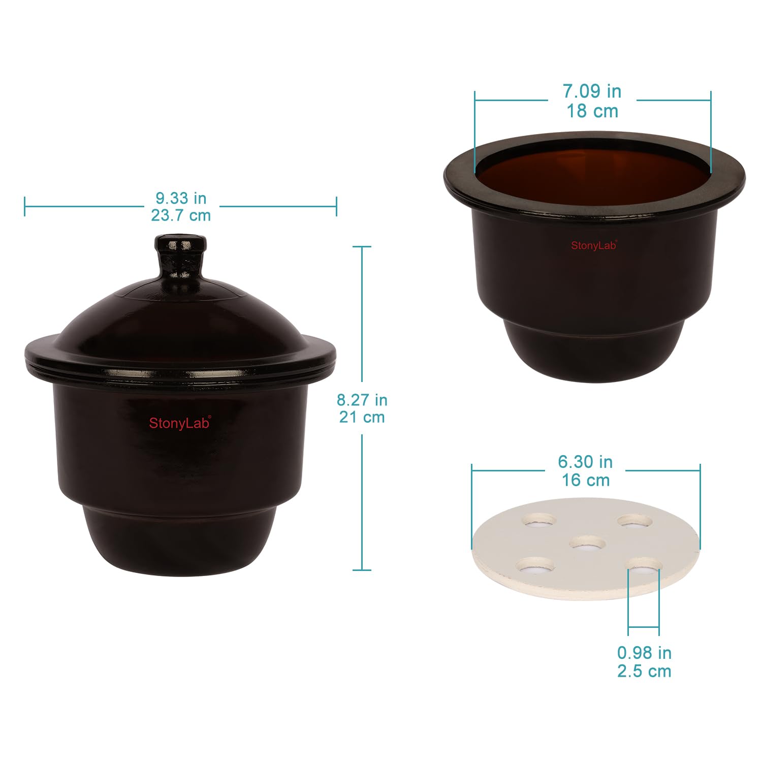 stonylab Pot Déshydratant en Verre Ambré, Dessiccateur de Lab Séchoir à Séchage Brun avec Couvercle de Bouton et Plaque en Porcelaine de ID:180 mm pour la Recherche en Laboratoire