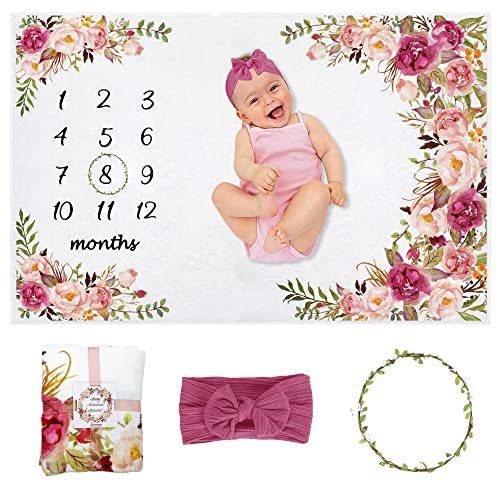 Image of Yokakio Baby Monthly Milestone Blanket Girl, Milestone Blanket for Baby Girl, Track Growth and Age, Newborn Shower Gifts for Mom, Includes Floral Wreath & Pink Bow Headband, 60" X 40"