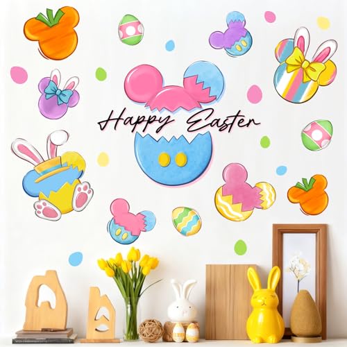 Pycat Happy Easter Bunny Wall Decals Stickers, Colorful Pastel Easter Eggs Rabbit Decorations Bedroom Art, Spring Cute Carrot Home Kitchen Decor