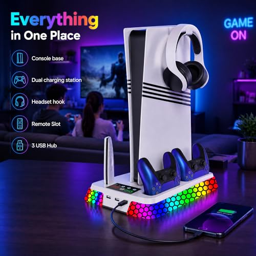 Image of Cooling Station for PS5 Slim Pro,Vertical Stand with Adjustable Fan Charger | Gift for PS5 Long Gaming,3 Level Quiet Fan,Two Controller Charging,10 Colors Dynamic Mode,Headset Hook,USB Hub,Anti-Slip Base
