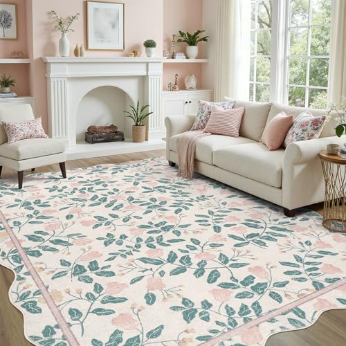 DCX Pink Botanical 8x10 Rug, Machine Washable Non Slip Stain Resistant Carpet, Kid & Pet Friendly Low Pile Floral Scalloped Rug for Living Room, Bedro
