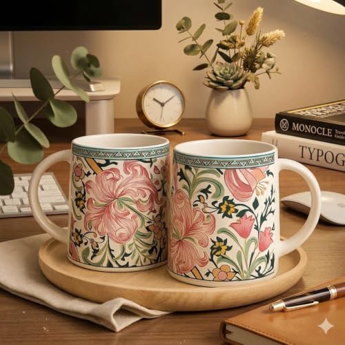 Image of Alive Floral Printed Ceramic Tea /Coffee Mug Set of 2 (300 ml) | Microwave & Dishwasher Safe |Premium Ceramic Mugs for Home, Office & Gifting