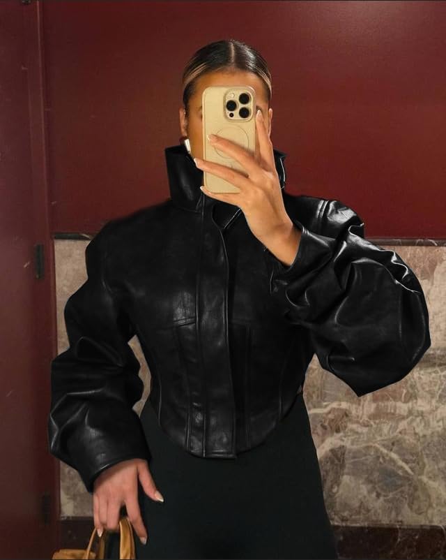 Women Faux Leather Jacket Retro Zip Up Motorcycle Long Sleeve Crop Bomber Jacket Y2K Irregular Leather Coat Streetwear - Image 6