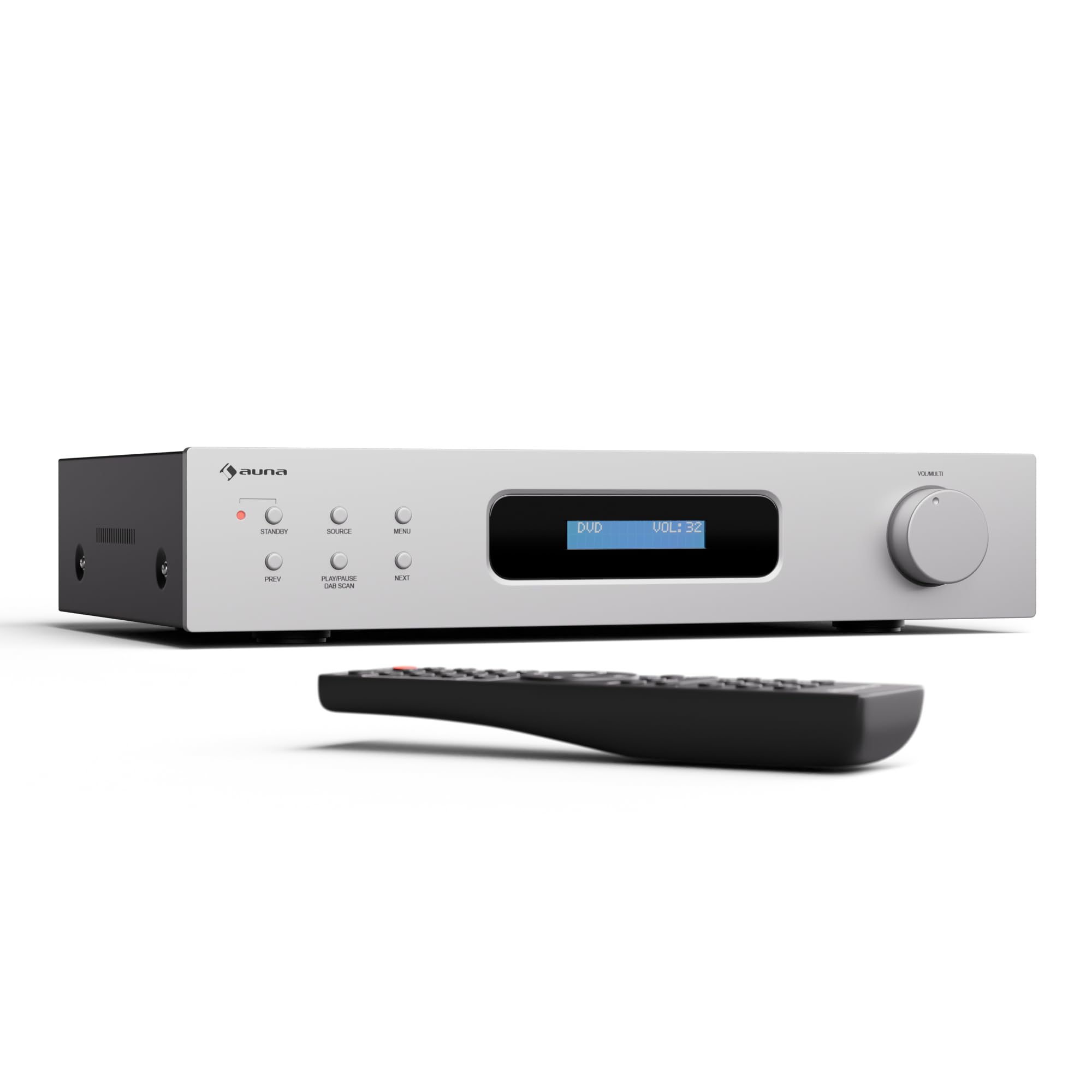 Auna Art22 - Amplificatore HiFi Bluetooth & Radio DAB+, 2x60W, Stereo, Ingressi Ottici & Coassiali, FM, CD/DVD, Telecomando, Design Compatto, Bianco-Argento
