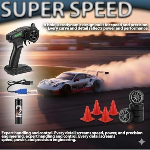Image of RC Drift Racing Car Red - High Speed Remote Control Drift Car with 2.4GHz Wireless Controller, USB Rechargeable, Durable Body, Includes Extra Wheels & Cones - RC Car for Kids & Adults