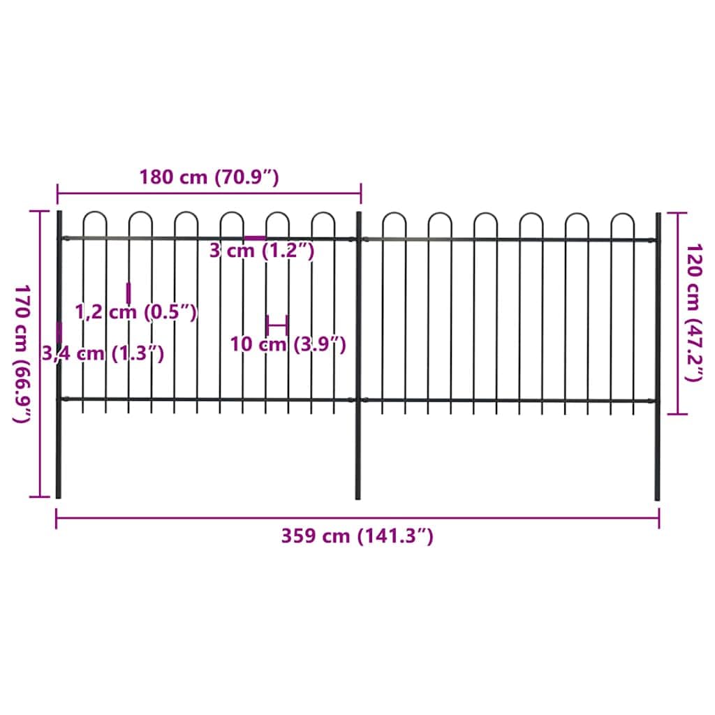 Gartenzaun aus pulverbeschichtetem Stahl mit 2 Zaunelementen und 3 Pfosten, 3,4 Meter lang, modernes Bügel-Design, robuste Absperrung für Garten, Vorgarten, Terrasse und Grundstück