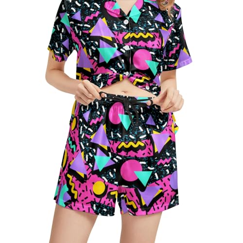 Image of Funny Pajamas for Women Set Print Satin Loungewear Pjs Short Sleeve Button Down Top and Shorts Sets Sleepwear XS-3XL