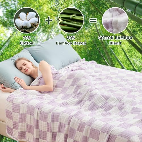 Image of EMME Cooling Muslin Twin XL Blanket - Checkered Lightweight Summer Cotton Blankets of Rayon Derived from Bamboo for Hot Sleepers, Soft Breathable All Season Gauze