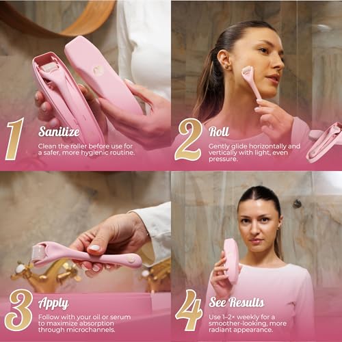 Elliya Rosa Derma Roller mit 0,25 mm Titan-Nadeln - Gesichtspflege- und Hautpflegewerkzeug mit Etui - Microneedling-Roller für glatte Haut - Hautpflegeroutine für Zuhause – Bild 4