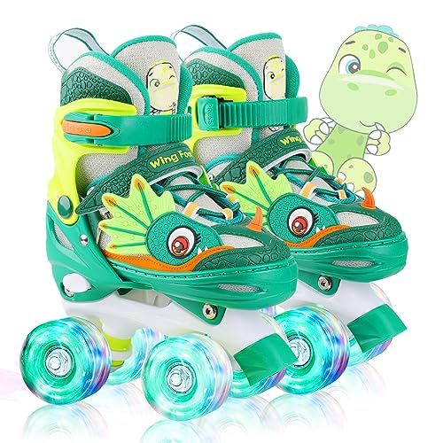 Dino Kids Toddler Roller Skates for Boys Girls,WESKIFAN Dinosaur Quad Skating Shoes with Shiny Light up Wheels&Adjustable Sizes Beginners rollerskates for Birthday Xmas Gifts
