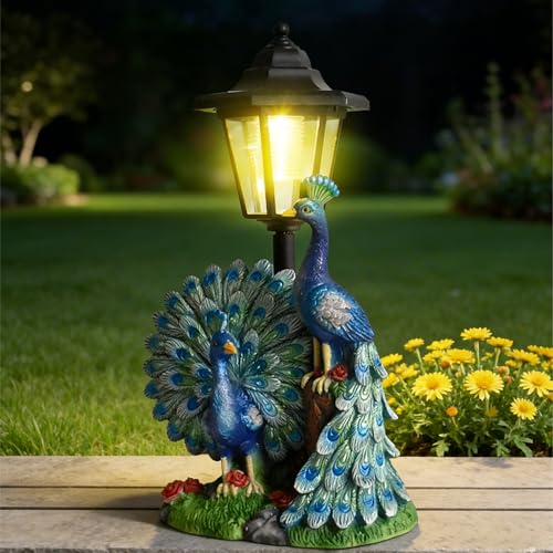 Estatua solar de pavo real para jardín exterior con luces