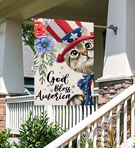Patriotic Cat With Flowers House Flags For Outdoor, 4Th Of July God Bless America Yard Flags For Outside,Seasonal Memorial Independence Day Decorative Flag For Farmhouse Holiday Decoration 28X40 Inch Double Sided #TOP4