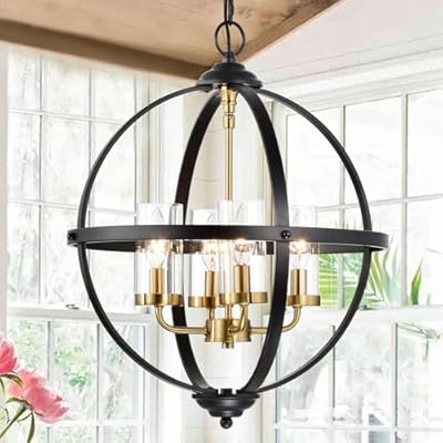 Treekee Rustic Chandelier, 17" Black and Gold Finish Glass Cover Luxurious Hanging Light, 4-Light Globe Vintage Pendant Ceiling Light Fixtures for Living Room Entry Way Dining Room