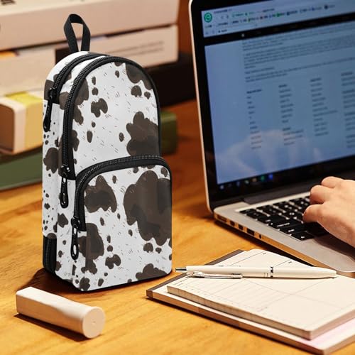 Image of ZAZYXTJ Cow Print Standing Large Capacity Pencil Case 3 Compartment Pen Pouch Storage Canvas Makeup Bag for School Office Teen Girl Boy Men Women