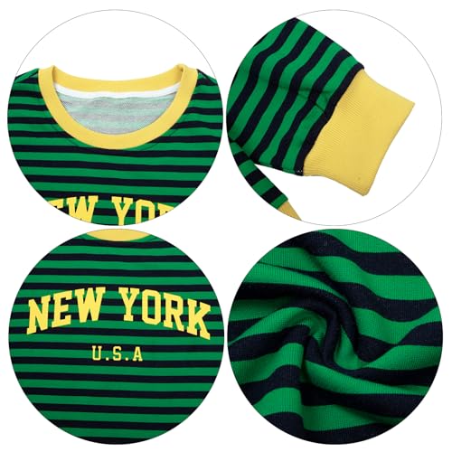 KIDDAD Women Star Striped Sweatshirt Color Block Y18k Top City Letter Print Pullover Fall Casual Crewneck Graphic Shirt Green