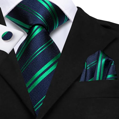 Image of Dubulle Mens Paisley Blue Green Striped Tie and Handkerchief Cufflinks Tie Set for Men Wedding Business Formal