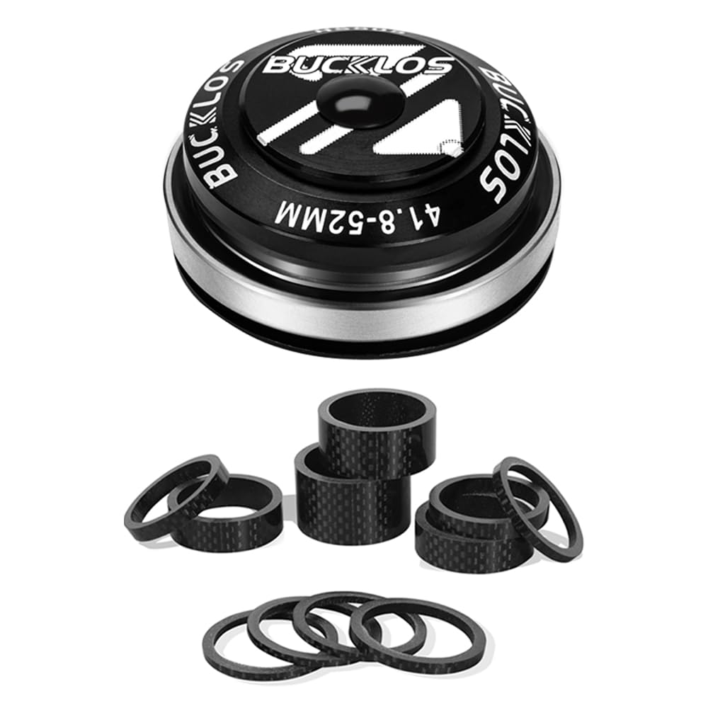 BUCKLOS 1-1/8 Bike Headset Threadless 41.8-52mm Black & 11PCS Carbon Fiber Matte Spacer
