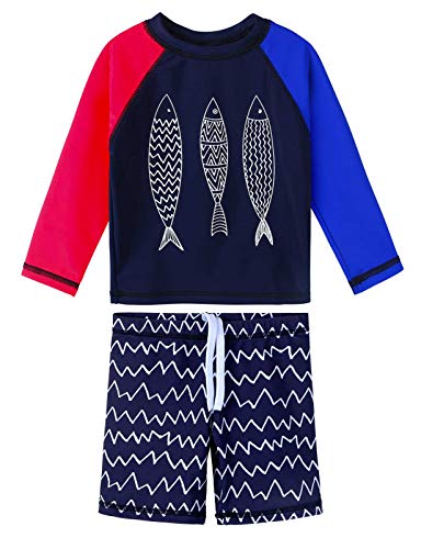 XFGIRLS Little Boys 2-Piece Long Sleeve Swimsuit Trunk and Rashguard 3-4T, Navy