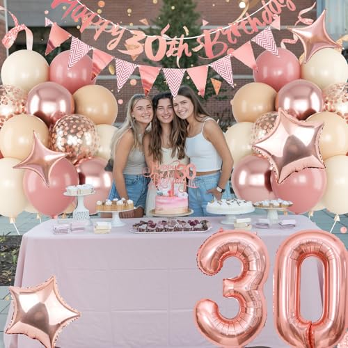 Image of Jobkoo 30th Birthday Decorations for Women, Retro Pink Beige Number 30 Balloon Set Happy 30th Birthday Banner Cake Topper Dusty Pink Nude Rosegold Star Balloons for Her 30 Year Old Bday Party Decor