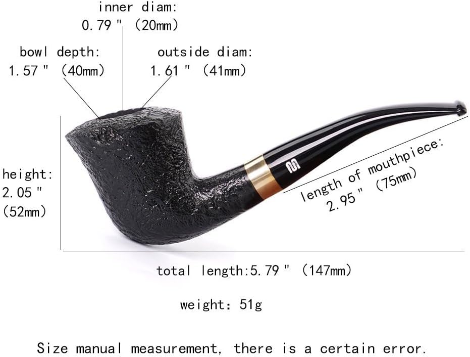 Heysong Handmade Wooden Pipe Briar Pipe Fit 9mm with Tapered Stem and Silver Ring HSAA0024 (Black)