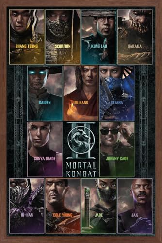 Trends International Mortal Kombat 2 (2026) - Character One Sheet Grid Wall Poster, 22.4L x 14.7W, Mahogany Framed Version