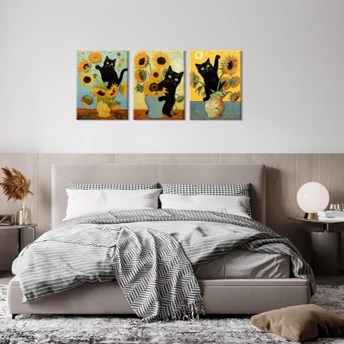 Piy Painting 3 Set Schwarze Katze Und Sonnenblume Leinwand Bilder Wohnzimmer Pflanzen Und Tiere Wandbilder Mit Rahmen Kunstdrucke Gemälde Wandkunst Leinwand Malerei Küche Schlafzimmer,30×40 cm