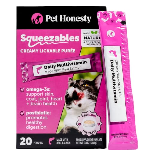 Cat Multivitamin Lickable Treats - Squeezable Vitamin Puree Pouches for Cats - Daily Cat Vitamins with Postbiotics + Omega 3 Fish Oil for Gut + Immune Support, Skin Coat, Joint Health (Salmon, 20 Ct)