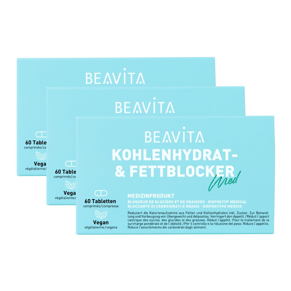 BEAVITA Kohlenhydrat & Fettblocker – Kombipräparat, vegan, zur Reduktion der Fett- und Kohlenhydrataufnahme, verringert das Hungergefühl, vegan, gelatinefrei, glutenfrei - 3x 60 Tabletten