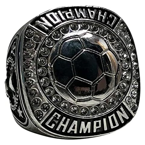 Express Medals Champion Soccer Trophy Ring Award Gift Fantasy Prize with Display Neck Chain and Stand Championship Rings, Non-Precious Metal, Cubic Zirconia Cover