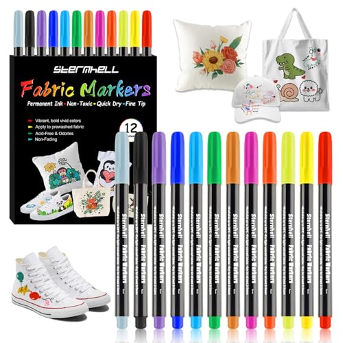 Sternhell 12Farben Textilfarbe Textilmarker Waschmaschinenfest Textilstifte Waschfest Stoffmalstifte, Textilmalstifte Stofffarbe, für T-shirt, Stoffbeutel, Segeltuchschuhe, Einkaufstasche, hellen Stof